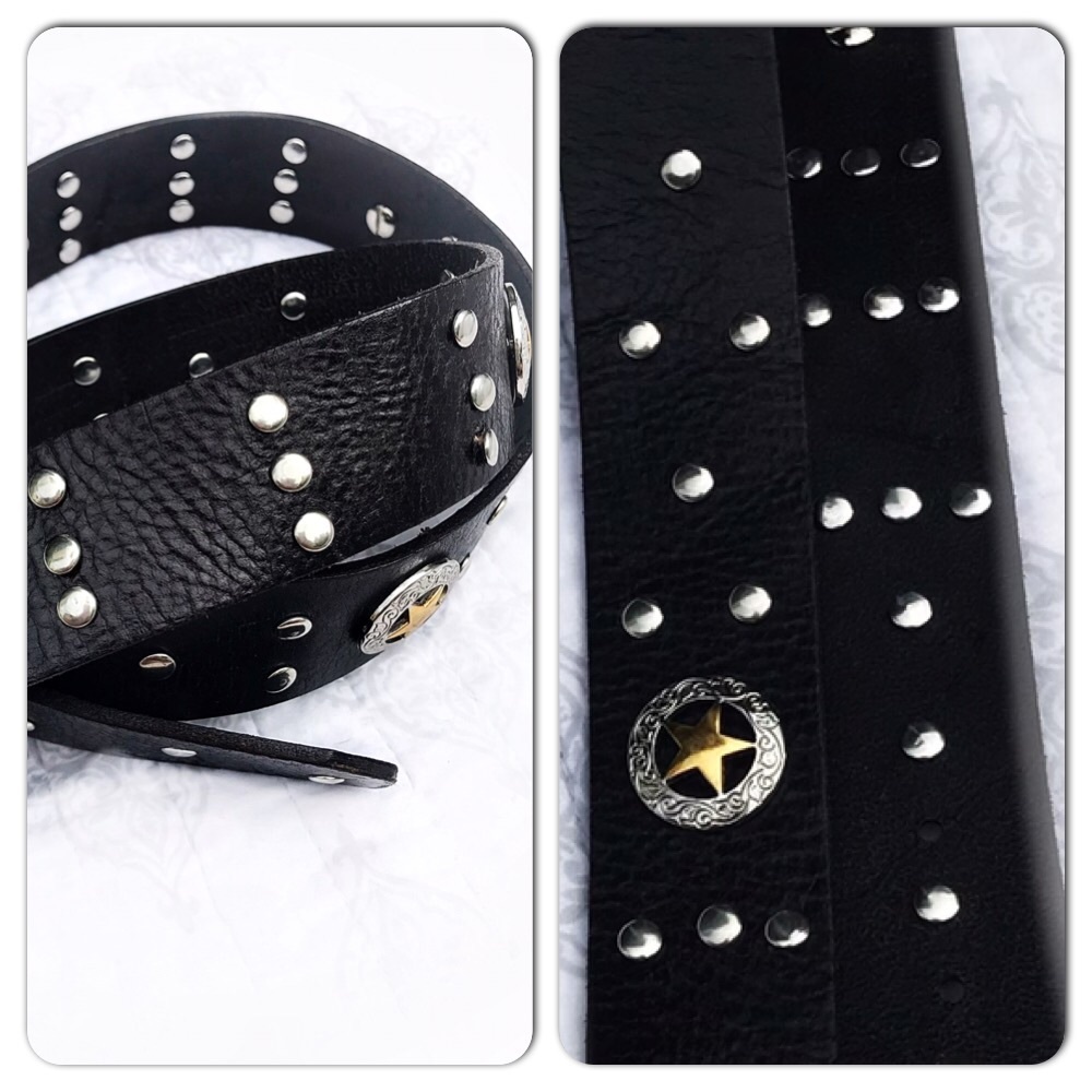 Black leather hand studded belt, Texas star, boho - Picture 4 of 7